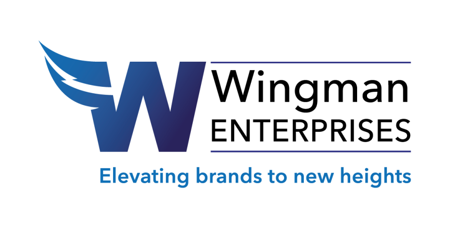 A logo with a blue W which has wings on the left side. The has the word Wingman in leading case above enterprises in caps. There are two thin blue lines above and below wingman enterprises